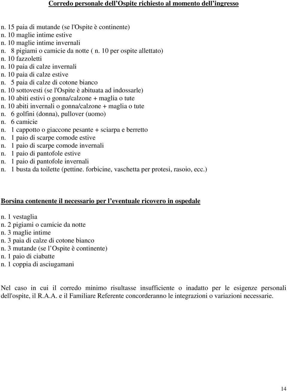 10 sottovesti (se l'ospite è abituata ad indossarle) n. 10 abiti estivi o gonna/calzone + maglia o tute n. 10 abiti invernali o gonna/calzone + maglia o tute n. 6 golfini (donna), pullover (uomo) n.