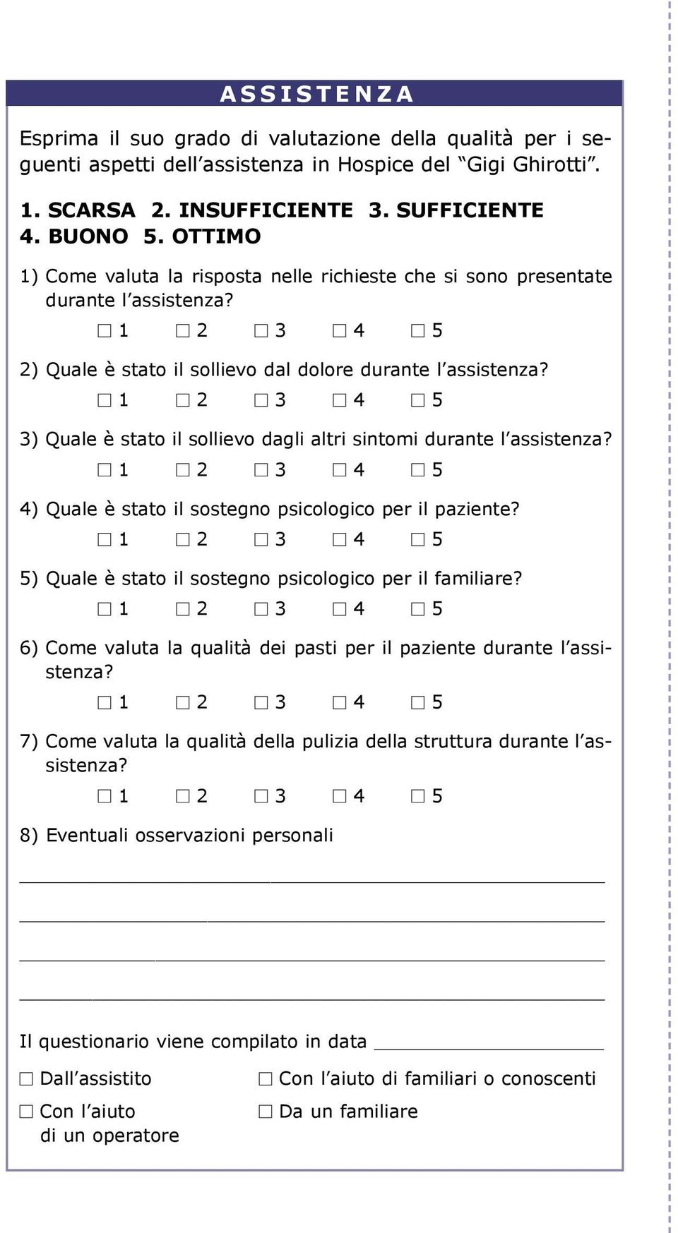 1 2 3 4 5 3) Quale è stato il sollievo dagli altri sintomi durante l assistenza? 1 2 3 4 5 4) Quale è stato il sostegno psicologico per il paziente?