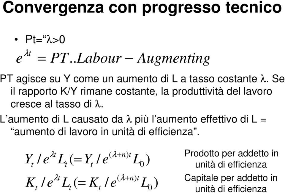 Se il rapporo K/Y rimane cosane, la produivià del lavoro cresce al asso di λ.