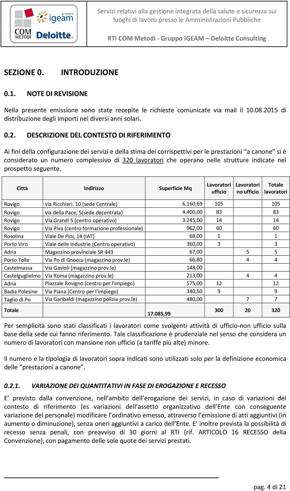 DESCRIZIONE DEL CONTESTO DI RIFERIMENTO Ai fini della configurazione dei servizi e della stima dei corrispettivi per le prestazioni a canone si è considerato un numero complessivo di 320 lavoratori