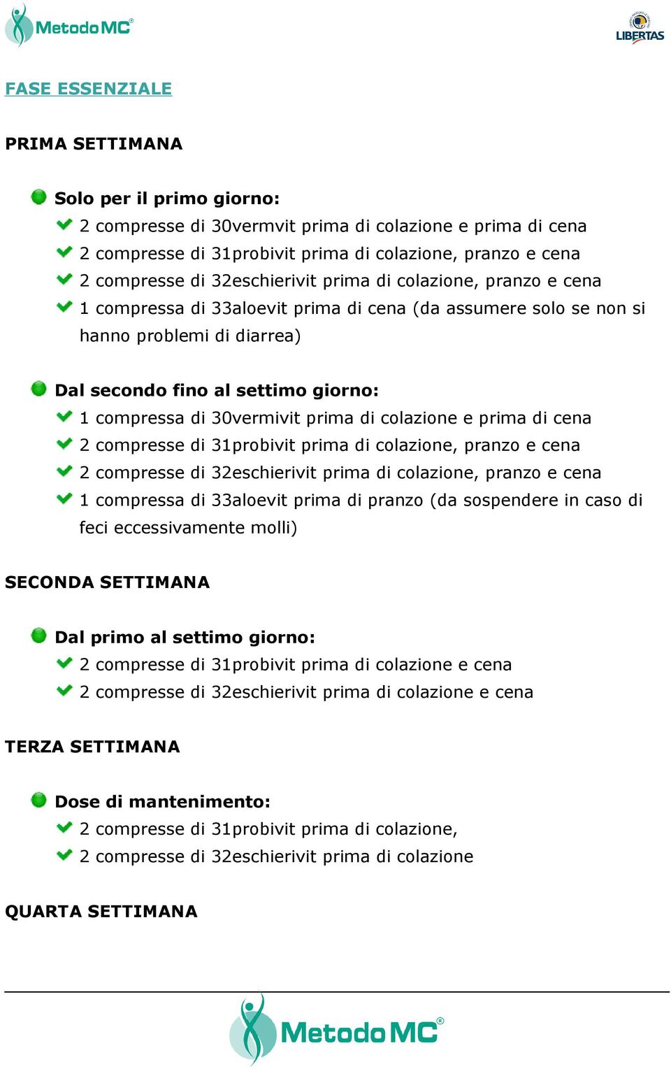 30vermivit prima di colazione e prima di cena 2 compresse di 31probivit prima di colazione, pranzo e cena 2 compresse di 32eschierivit prima di colazione, pranzo e cena 1 compressa di 33aloevit prima