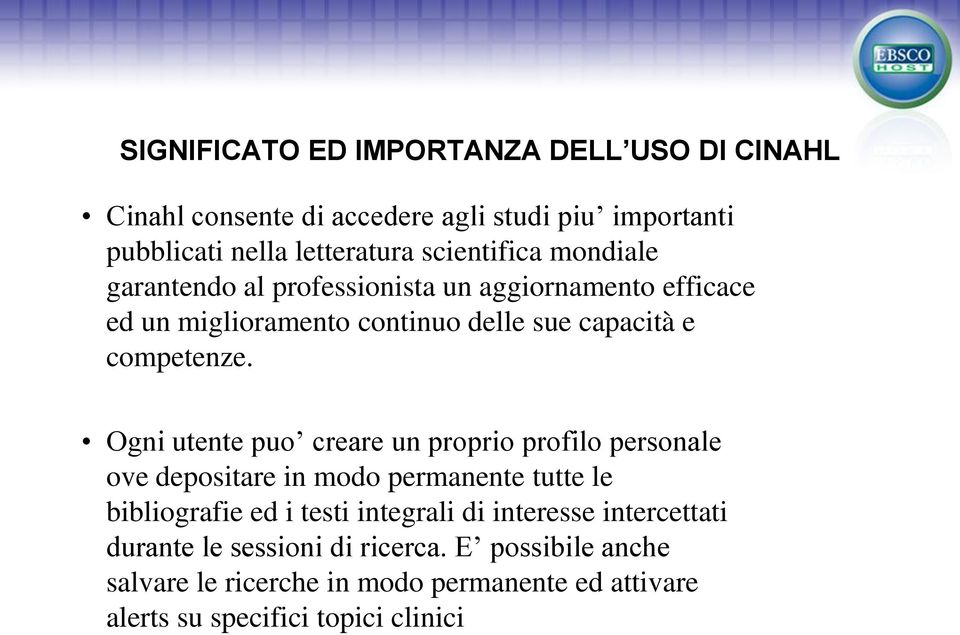 Ogni utente puo creare un proprio profilo personale ove depositare in modo permanente tutte le bibliografie ed i testi integrali di