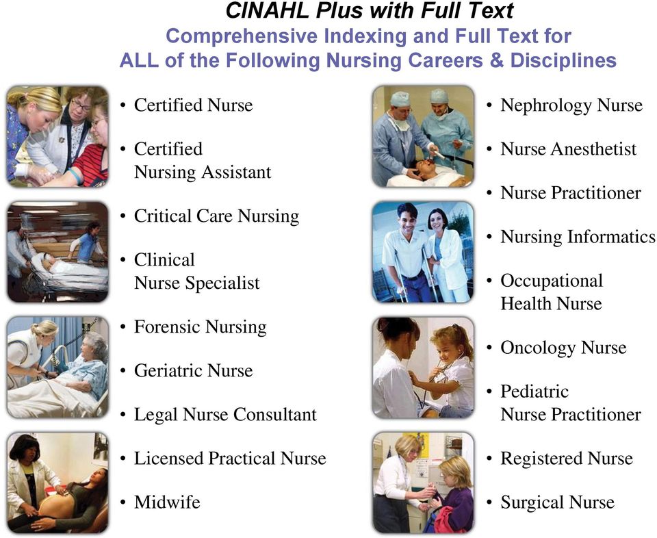 Nurse Legal Nurse Consultant Licensed Practical Nurse Midwife Nephrology Nurse Nurse Anesthetist Nurse Practitioner