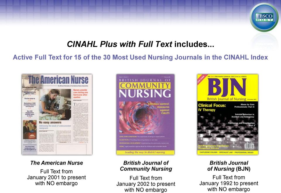 American Nurse Full Text from January 2001 to present with NO embargo British Journal of