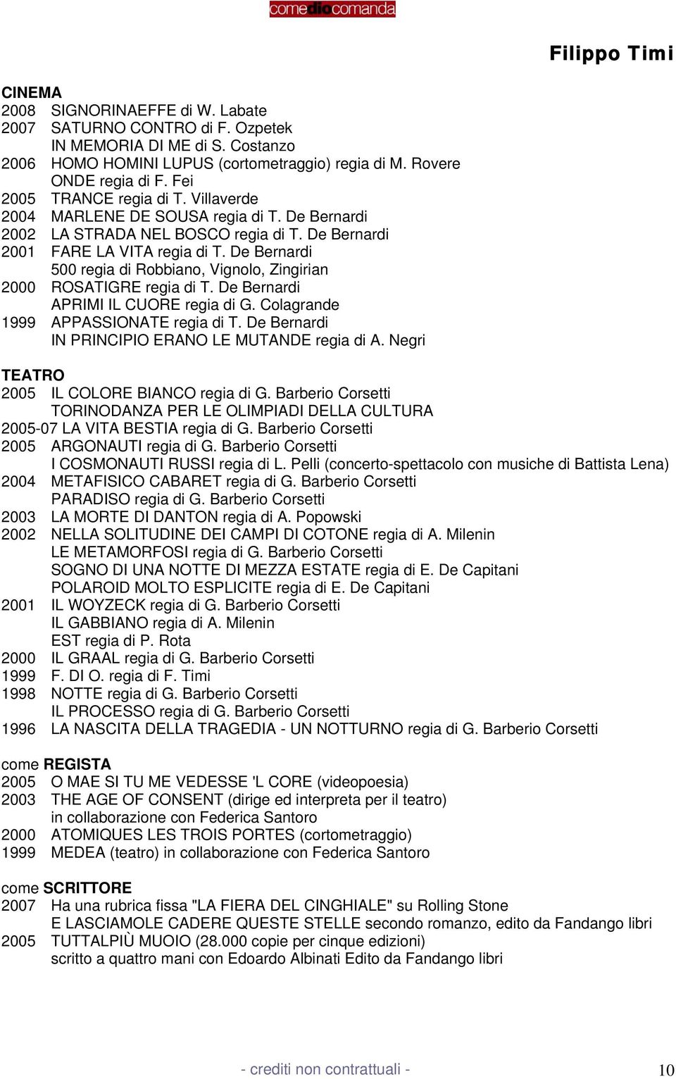 De Bernardi 500 regia di Robbiano, Vignolo, Zingirian 2000 ROSATIGRE regia di T. De Bernardi APRIMI IL CUORE regia di G. Colagrande 1999 APPASSIONATE regia di T.