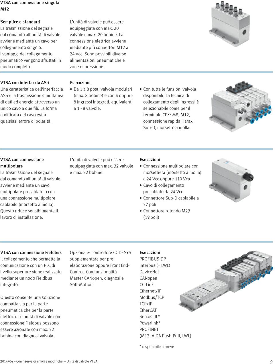 La connessione elettrica avviene mediante più connettori M12 a 24 Vcc. Sono possibili diverse alimentazioni pneumatiche e zone di pressione.