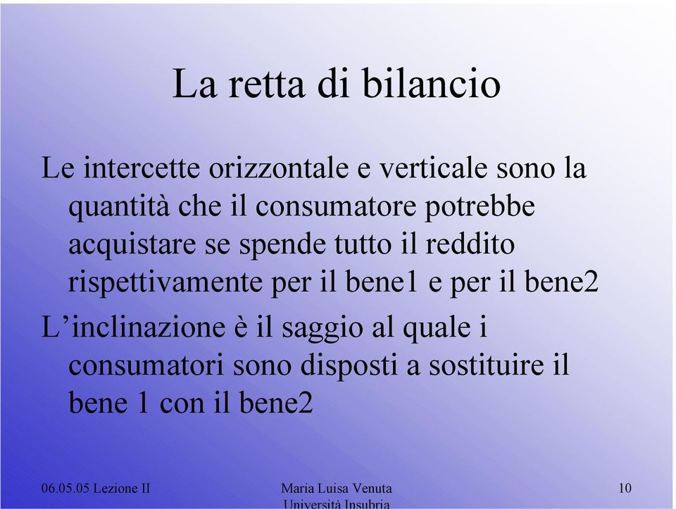 il bene1 e per il bene2 L inclinazione è il saggio al quale i consumatori sono