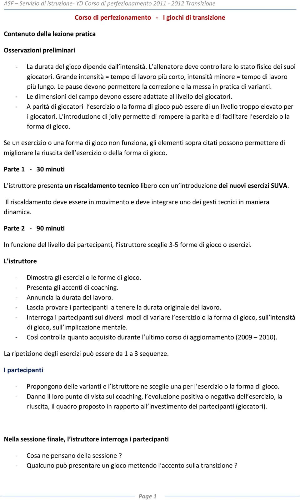 Le pause devono permettere la correzione e la messa in pratica di varianti. Le dimensioni del campo devono essere adattate al livello dei giocatori.