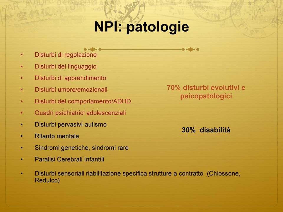 pervasivi-autismo Ritardo mentale Sindromi genetiche, sindromi rare Paralisi Cerebrali Infantili 70%