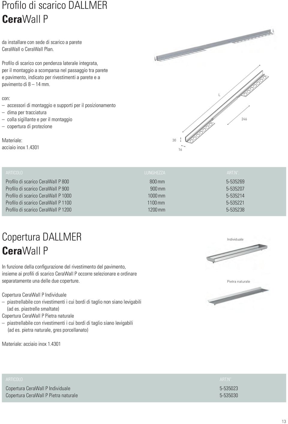 con: accessori di montaggio e supporti per il posizionamento dima per tracciatura colla sigillante e per il montaggio copertura di protezione L 246 Materiale: acciaio inox 1.