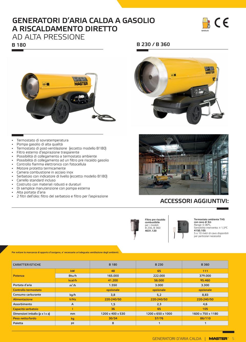 elettronico con fotocellula Motore protetto termicamente Camera combustione in acciaio inox Serbatoio con indicatore di livello (eccetto modello B180) Carrello standard incluso Costruito con