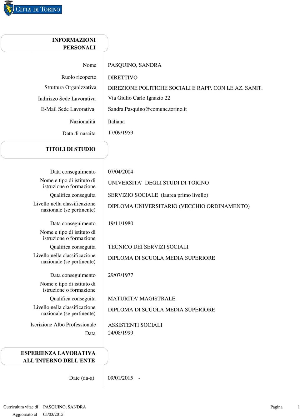 it Italiana 17/09/1959 TITOLI DI STUDIO Qualifica conseguita Livello nella classificazione nazionale (se pertinente) Qualifica conseguita Livello nella classificazione nazionale (se pertinente)
