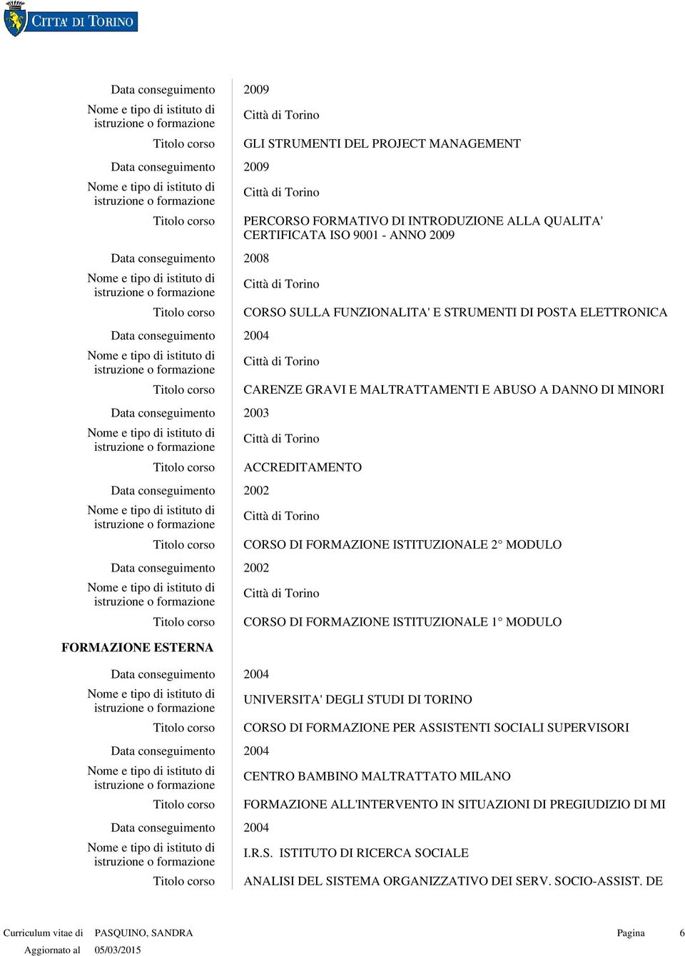 CORSO DI FORMAZIONE ISTITUZIONALE 1 MODULO FORMAZIONE ESTERNA UNIVERSITA' DEGLI STUDI DI TORINO CORSO DI FORMAZIONE PER ASSISTENTI SOCIALI SUPERVISORI CENTRO BAMBINO