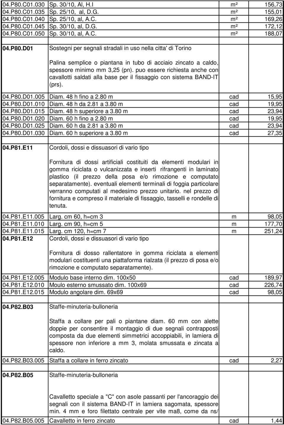 puo essere richiesta anche con cavallotti saldati alla base per il fissaggio con sistema BAND-IT (prs). 04.P80.D01.005 Diam. 48 h fino a 2.80 m cad 15,95 04.P80.D01.010 Diam. 48 h da 2.81 a 3.