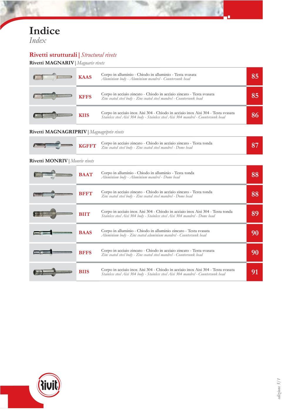 Stainless steel Aisi 304 boy Stainless steel Aisi 304 manrel Countersun hea 86 Rivetti MAGAGRIRIV Magnagripriv rivets KGFF Corpo in acciaio zincato Chioo in acciaio zincato esta tona Zinc coate steel