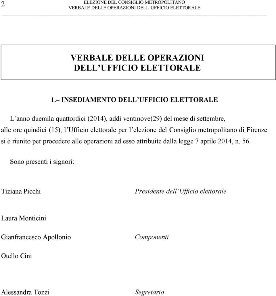 (15), l Ufficio elettorale per l elezione del Consiglio metropolitano di Firenze si è riunito per procedere alle operazioni ad esso