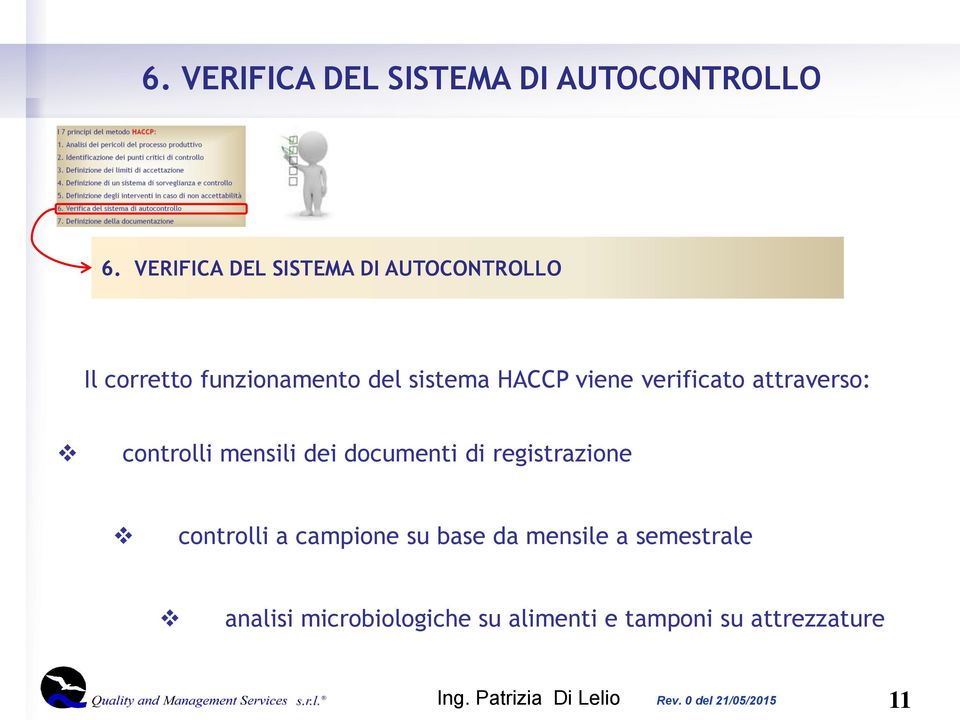 Autocontrollo del sistema HACCP viene verificato attraverso: controlli mensili dei