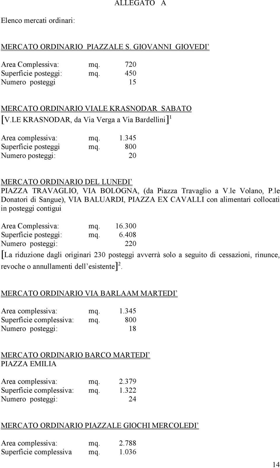 800 Numero posteggi: 20 MERCATO ORDINARIO DEL LUNEDI PIAZZA TRAVAGLIO, VIA BOLOGNA, (da Piazza Travaglio a V.le Volano, P.