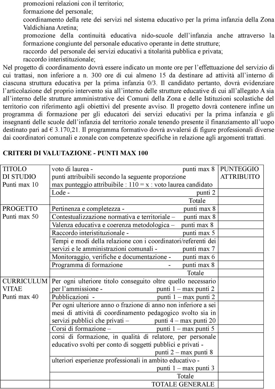 pubblica e privata; raccordo interistituzionale; Nel progetto di coordinamento dovrà essere indicato un monte ore per l effettuazione del servizio di cui trattasi, non inferiore a n.