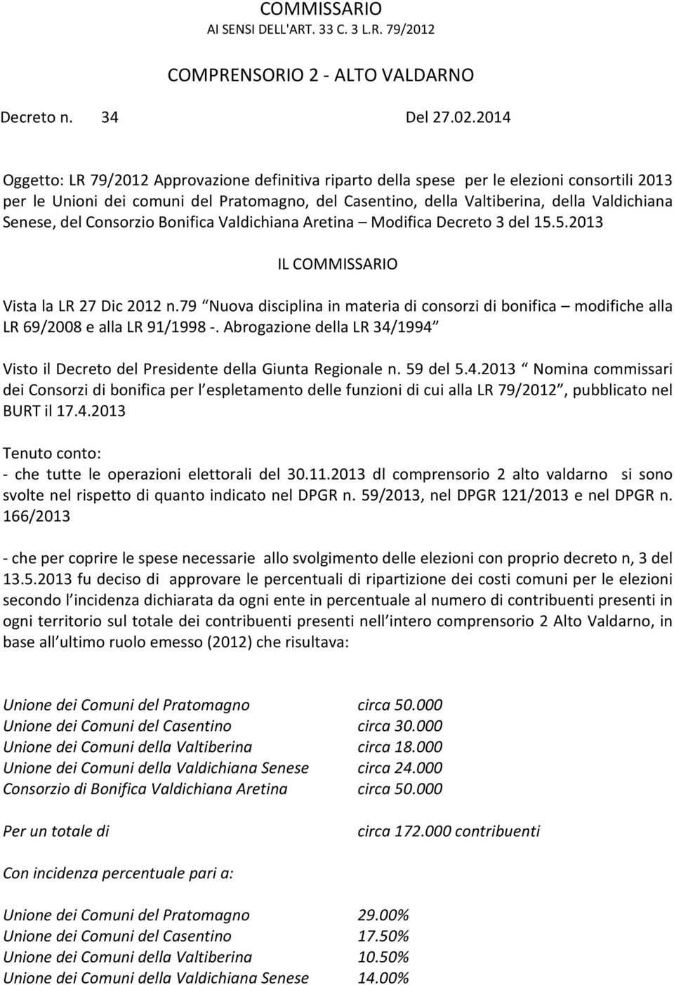 Senese, del Consorzio Bonifica Valdichiana Aretina Modifica Decreto 3 del 15.5.2013 IL COMMISSARIO Vista la LR 27 Dic 2012 n.