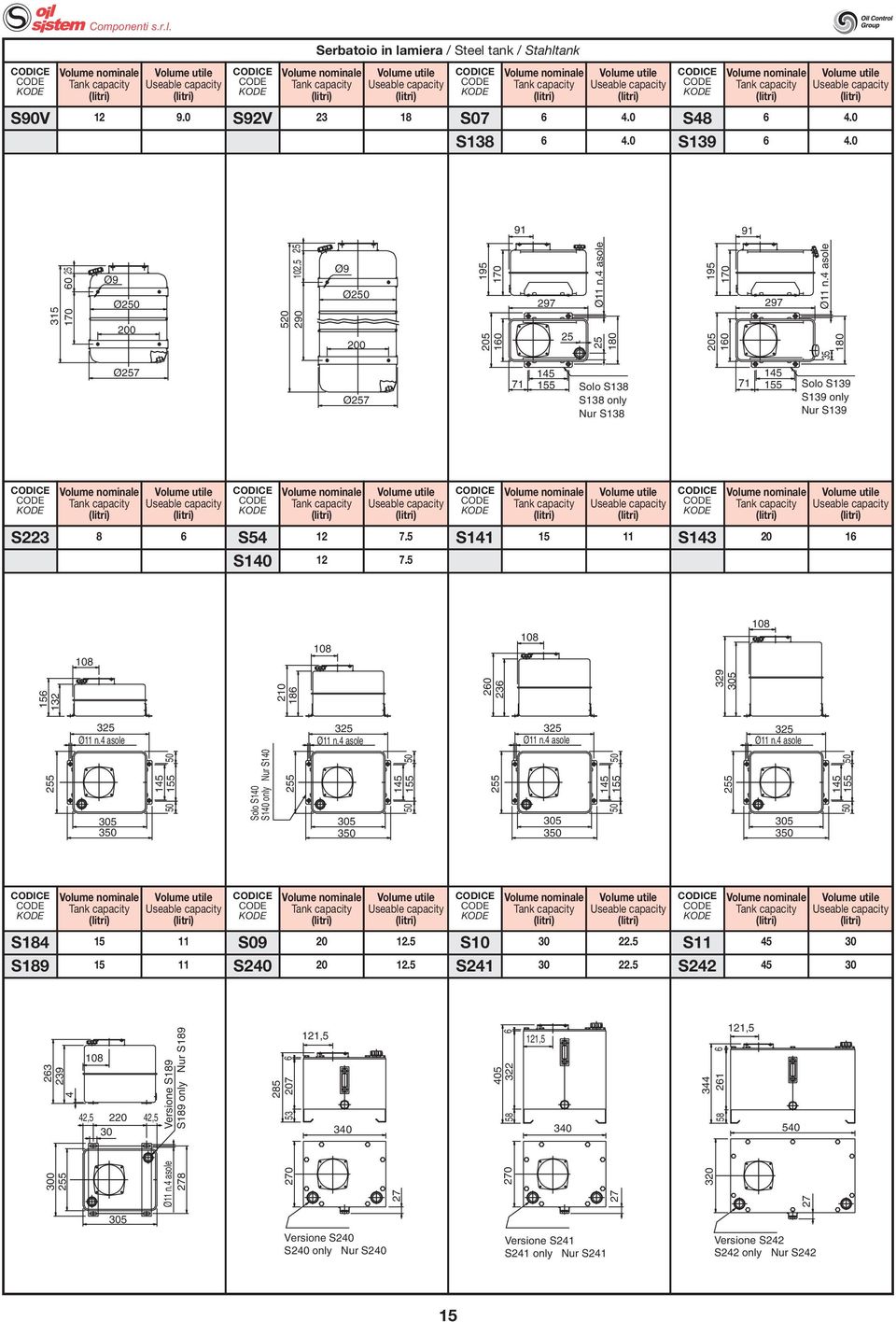 4 asole Ø7 Ø7 7 45 55 Solo S38 S38 only Nur S38 7 45 55 Solo S39 S39 only Nur S39 ank capacity S3 8 6 ank capacity S54 7.5 S40 7.