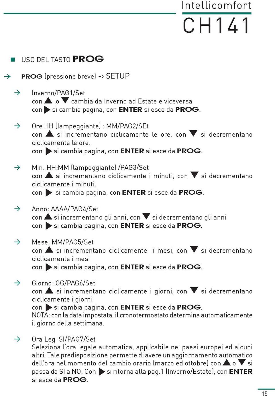 HH:MM (lampeggiante) /PAG3/Set con si incrementano ciclicamente i minuti, con si decrementano ciclicamente i minuti. con si cambia pagina, con ENTER si esce da PROG.