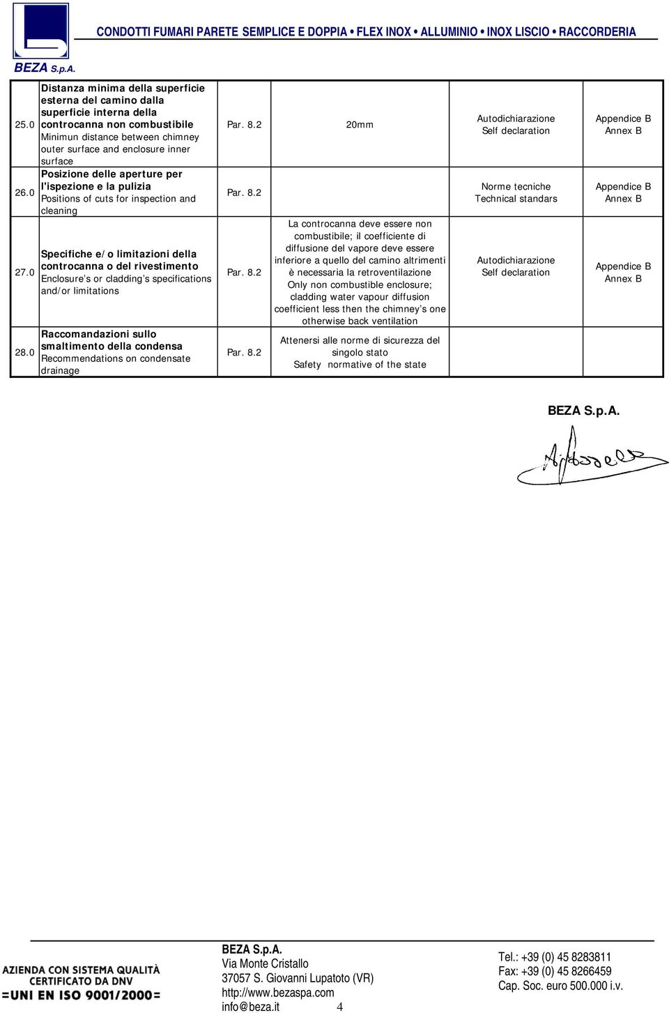 delle aperture per l'ispezione e la pulizia Positions of cuts for inspection and cleaning Specifiche e/o limitazioni della controcanna o del rivestimento Enclosure s or cladding s specifications