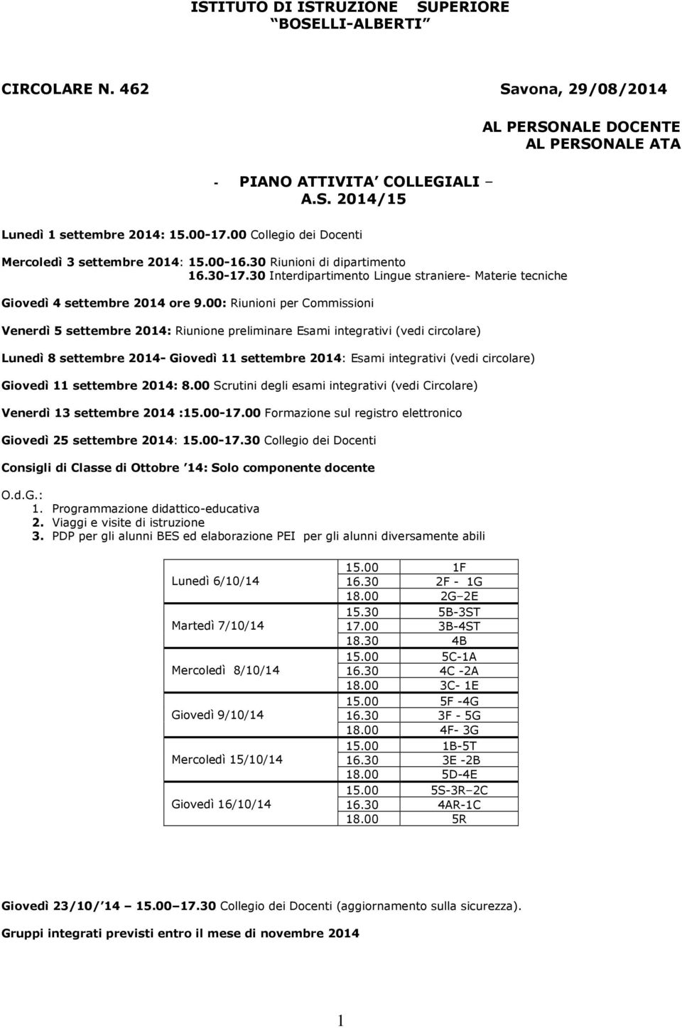 00: Riunioni per Commissioni Venerdì 5 settembre 2014: Riunione preliminare Esami integrativi (vedi circolare) Lunedì 8 settembre 2014- Giovedì 11 settembre 2014: Esami integrativi (vedi circolare)