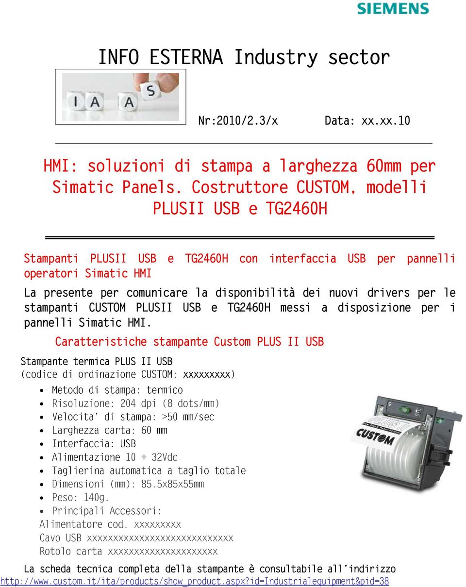 per le stampanti CUSTOM PLUSII USB e TG2460H messi a disposizione per i pannelli Simatic HMI.
