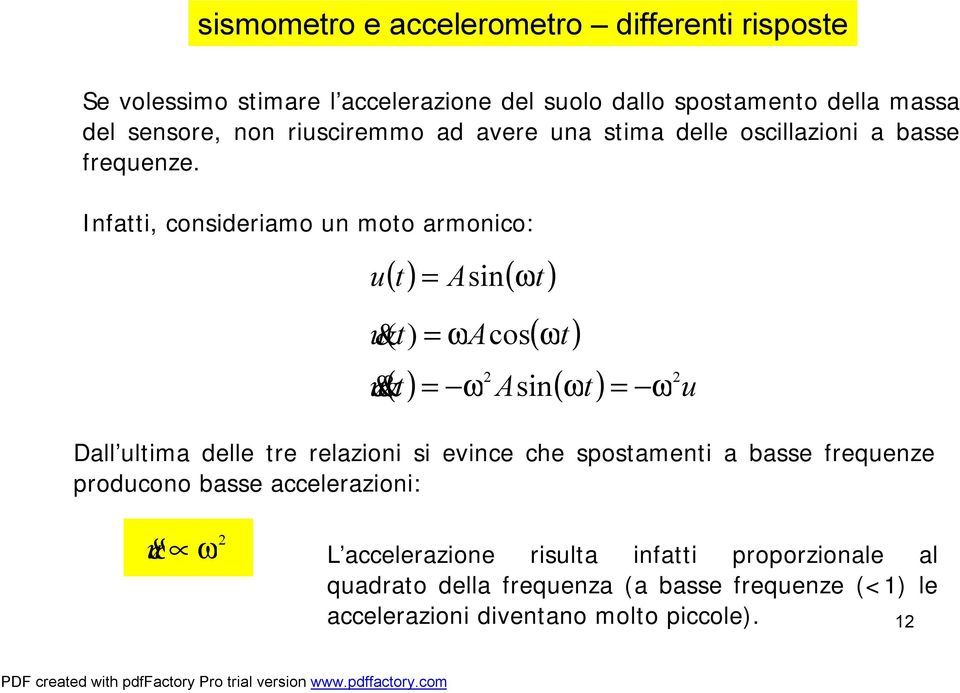 Infatti, consideriamo un moto armonico: u ( t) = Asin( ωt) u&( t) u&& = ωacos ( ωt) 2 2 ( t) = ω Asin( ωt) = ω u Dall ultima delle tre relazioni