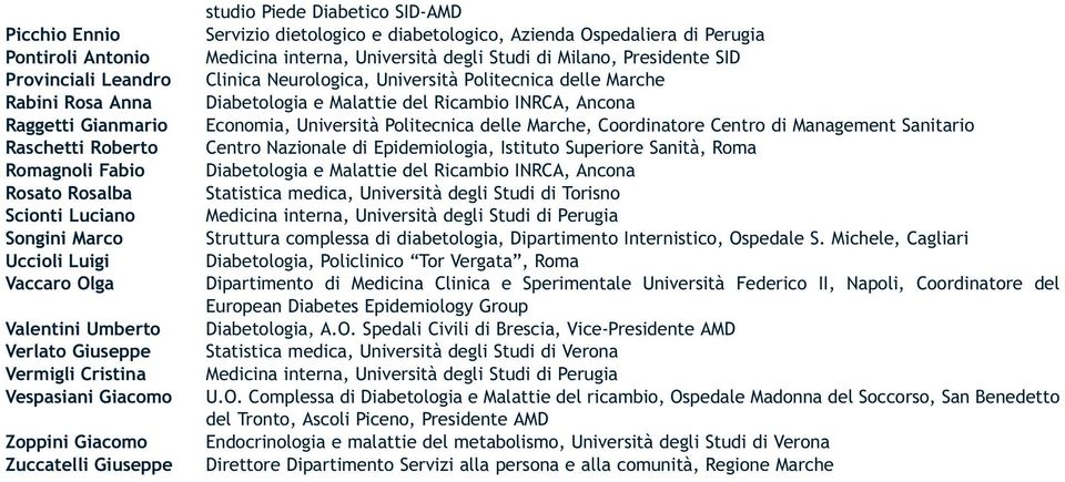 Perugia Medicina interna, Università degli Studi di Milano, Presidente SID Clinica Neurologica, Università Politecnica delle Marche Diabetologia e Malattie del Ricambio INRCA, Ancona Economia,