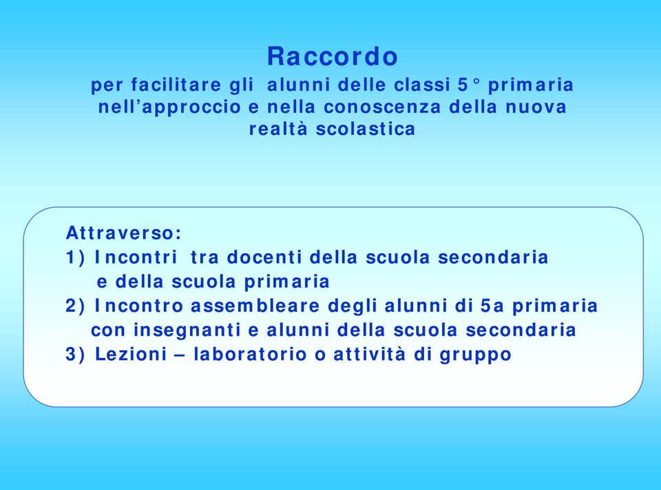 scuola secondaria e della scuola primaria 2) Incontro assembleare degli alunni di 5a