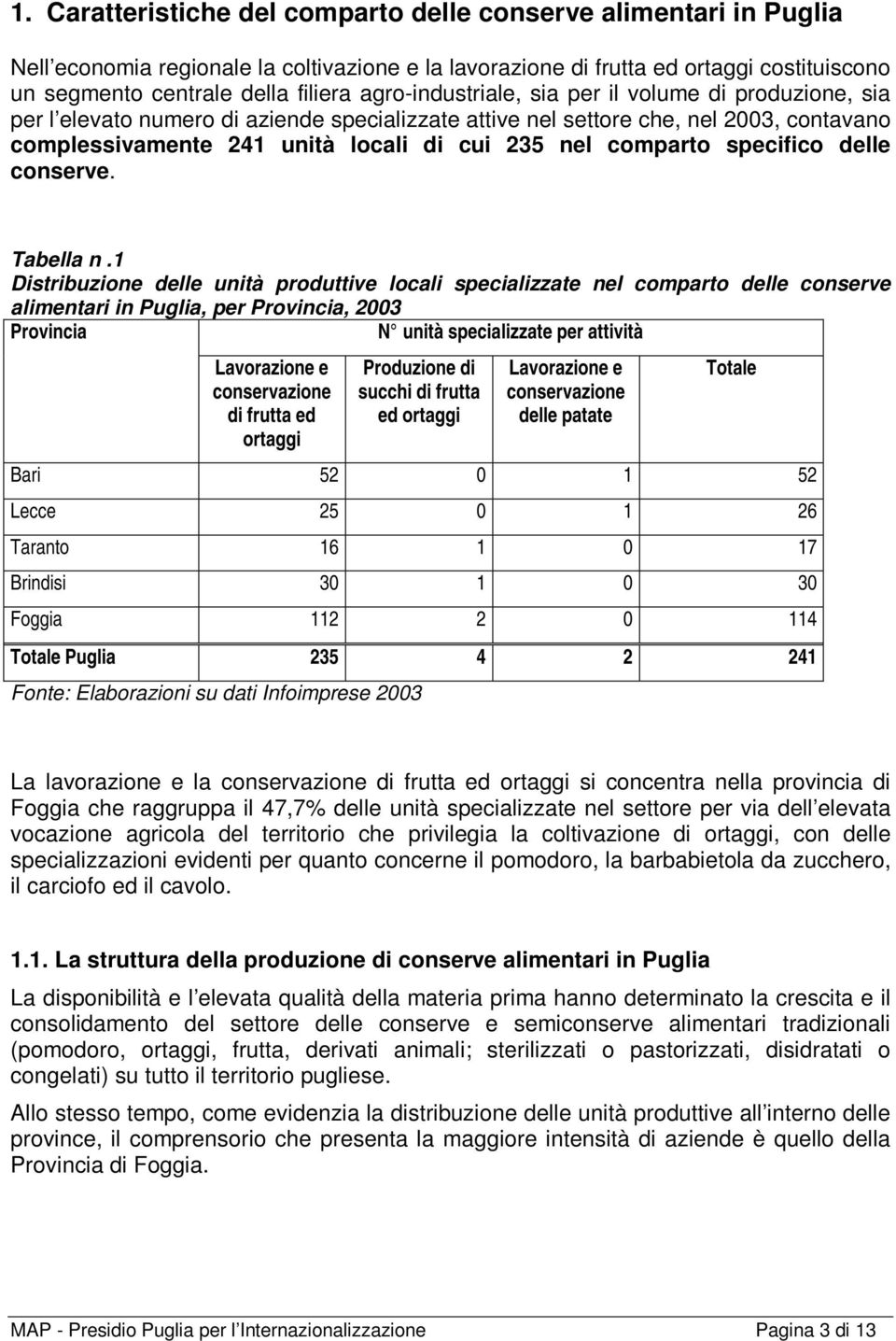 comparto specifico delle conserve. Tabella n.