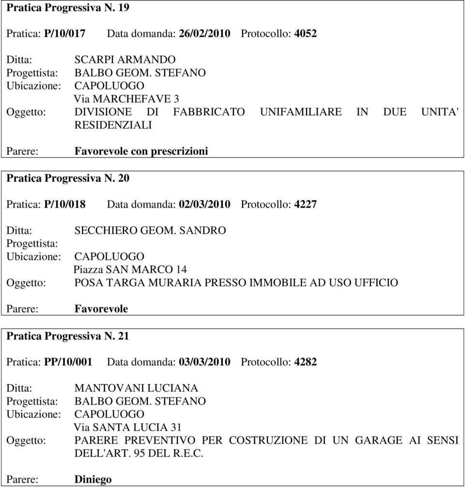 20 Pratica: P/10/018 Data domanda: 02/03/2010 Protocollo: 4227 SECCHIERO GEOM.