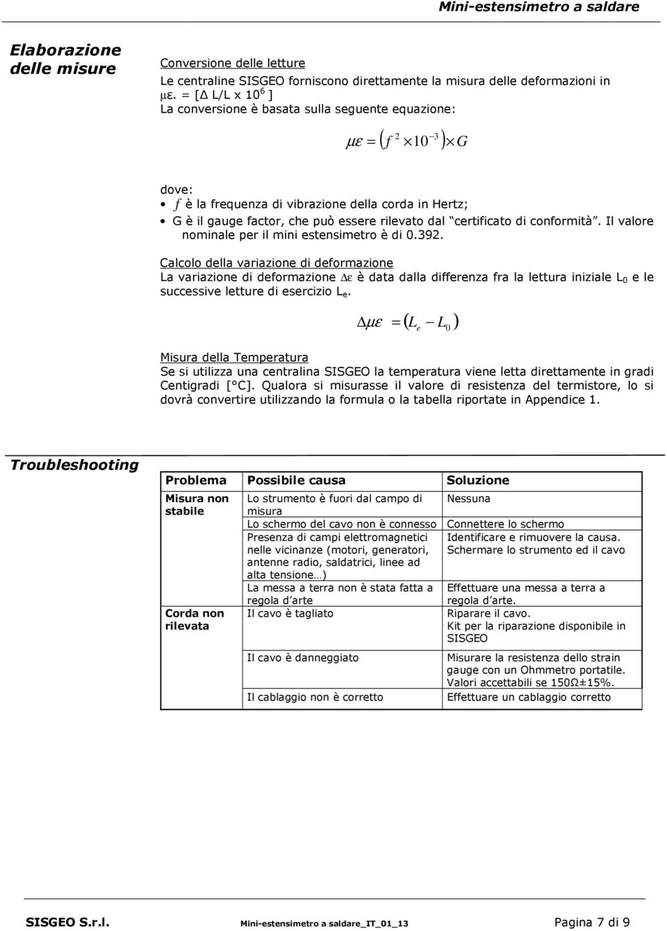 certificato di conformità. Il valore nominale per il mini estensimetro è di 0.392.