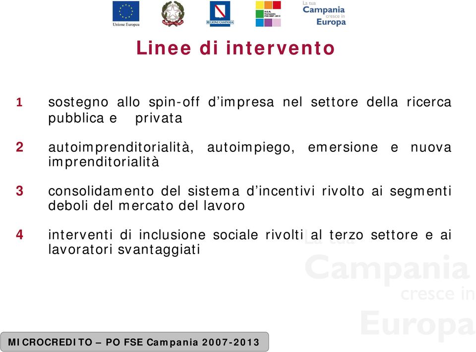 imprenditorialità 3 consolidamento del sistema d incentivi rivolto ai segmenti deboli