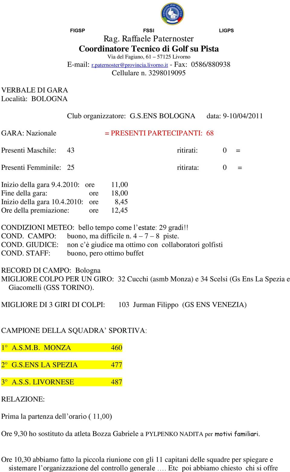 ENS BOLOGNA data: 9-10/04/2011 GARA: Nazionale = PRESENTI PARTECIPANTI: 68 Presenti Maschile: 43 ritirati: 0 = Presenti Femminile: 25 ritirata: 0 = Inizio della gara 9.4.2010: ore 11,00 Fine della gara: ore 18,00 Inizio della gara 10.