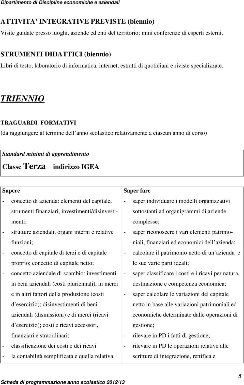 TRIENNIO TRAGUARDI FORMATIVI (da raggiungere al termine dell anno scolastico relativamente a ciascun anno di corso) Classe Terza indirizzo IGEA - concetto di azienda: elementi del capitale, strumenti