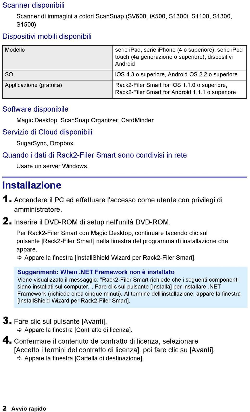 1.0 o superiore, Rack2-Filer Smart for Android 1.1.1 o superiore Software disponibile Magic Desktop, ScanSnap Organizer, CardMinder Servizio di Cloud disponibili SugarSync, Dropbox Quando i dati di