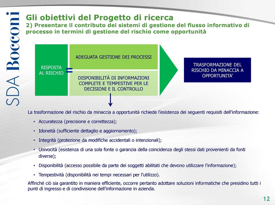 richiede l esistenza dei seguenti requisiti dell informazione: Accuratezza (precisione e correttezza); Idoneità (sufficiente dettaglio e aggiornamento); Integrità (protezione da modifiche accidentali