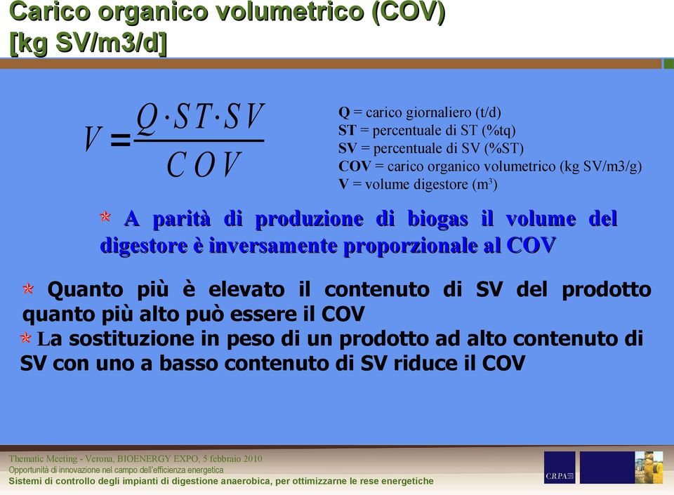 biogas il volume del digestore è inversamente proporzionale al COV Quanto più è elevato il contenuto di SV del prodotto quanto