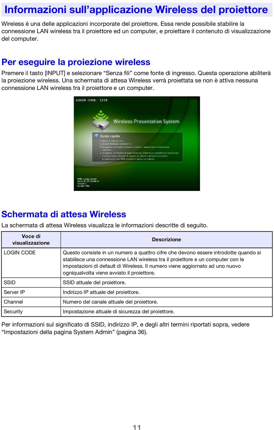 Per eseguire la proiezione wireless Premere il tasto [INPUT] e selezionare Senza fili come fonte di ingresso. Questa operazione abiliterà la proiezione wireless.