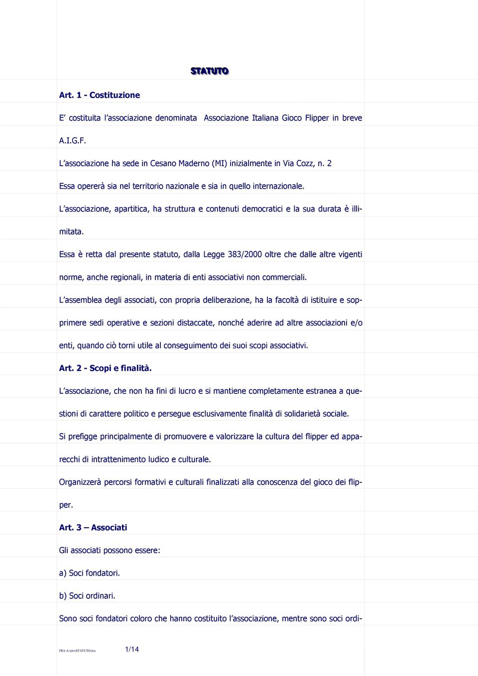 Essa è retta dal presente statuto, dalla Legge 383/2000 oltre che dalle altre vigenti norme, anche regionali, in materia di enti associativi non commerciali.