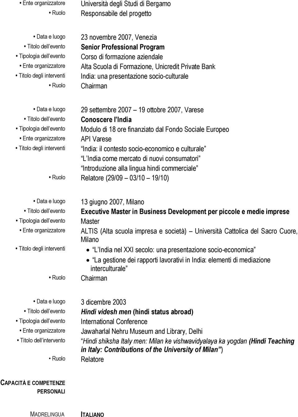 API Varese India: il contesto socio-economico e culturale L India come mercato di nuovi consumatori Introduzione alla lingua hindi commerciale Relatore (29/09 03/10 19/10) Data e luogo Titolo degli