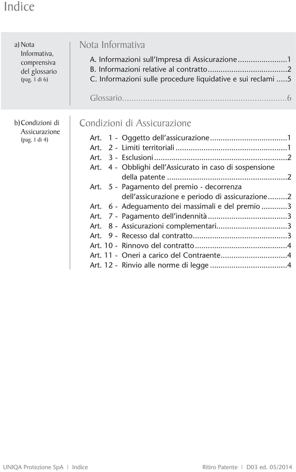 12 - Limiti territoriali...1 Art. 13 - Esclusioni...2 Art. 14 - Obblighi dell Assicurato in caso di sospensione della patente...2 Art. 15 - Pagamento del premio - decorrenza dell assicurazione e periodo di assicurazione.