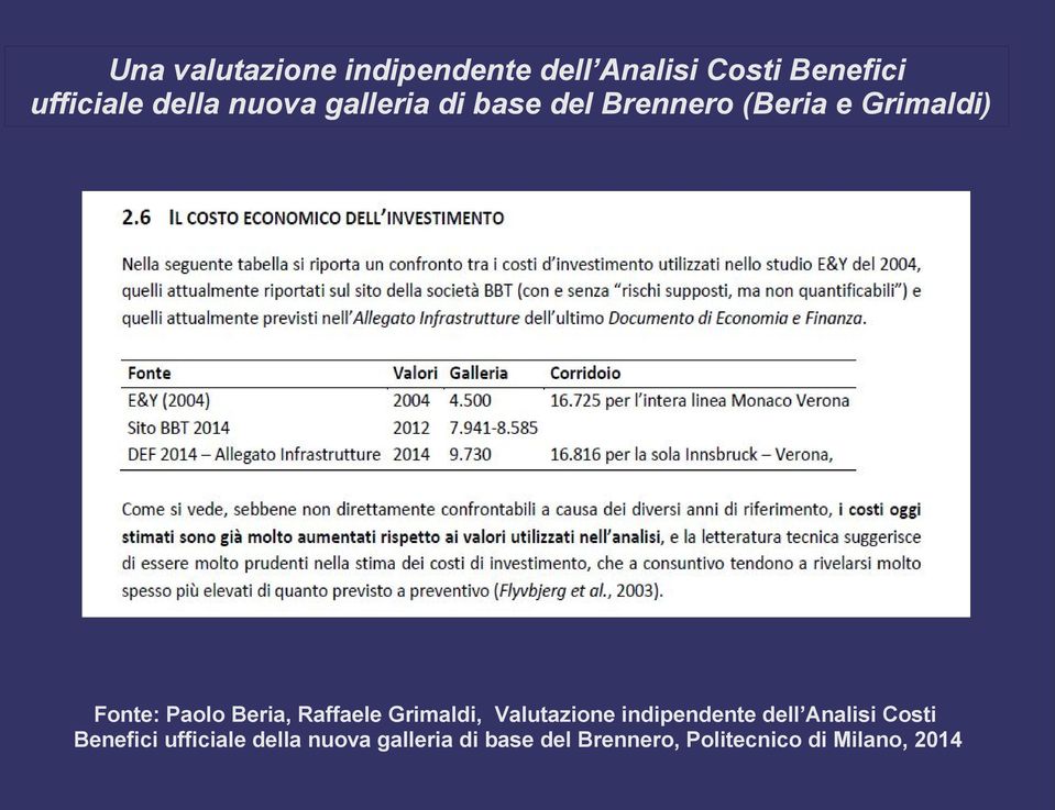 Raffaele Grimaldi, Valutazione indipendente dell Analisi Costi Benefici