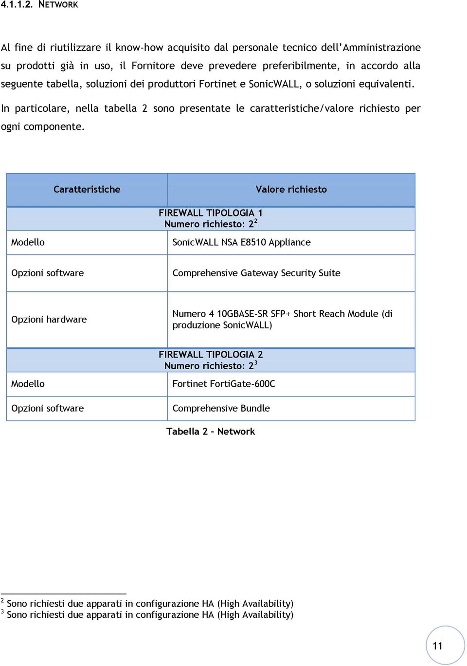 soluzioni dei produttori Fortinet e SonicWALL, o soluzioni equivalenti. In particolare, nella tabella 2 sono presentate le caratteristiche/valore richiesto per ogni componente.