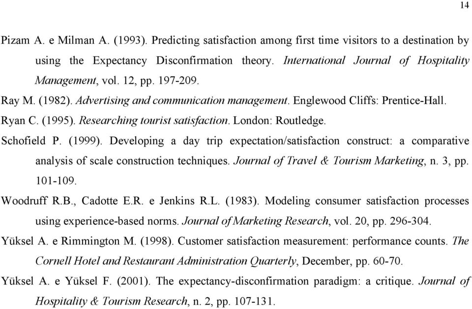 Developing a day trip expectation/satisfaction construct: a comparative analysis of scale construction techniques. Journal of Travel & Tourism Marketing, n. 3, pp. 101-109. Woodruff R.B., Cadotte E.R. e Jenkins R.