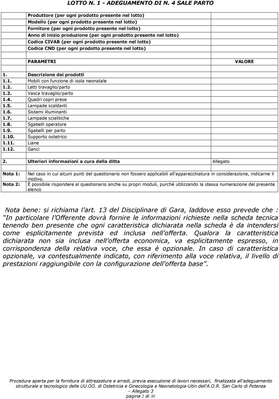 prodotto presente nel lotto) Codice CIVAB (per ogni prodotto presente nel lotto) Codice CND (per ogni prodotto presente nel lotto) PARAMETRI VALORE 1. Descrizione dei prodotti 1.1. Mobili con funzione di isola neonatale 1.