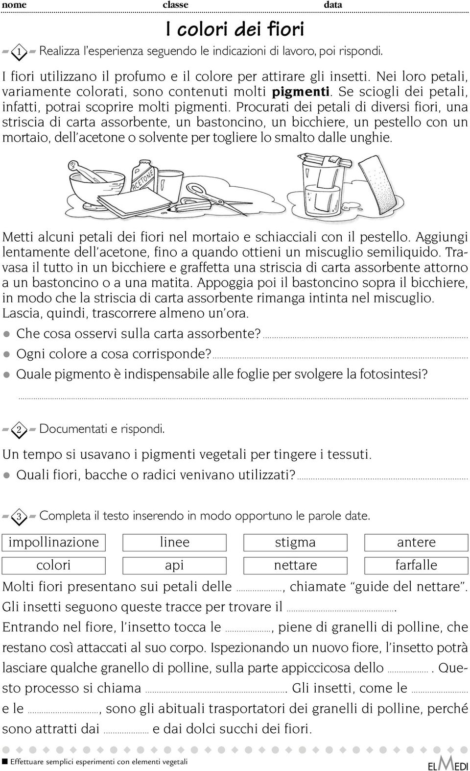 Procurati dei petali di diversi fiori, una striscia di carta assorbente, un bastoncino, un bicchiere, un pestello con un mortaio, dell acetone o solvente per togliere lo smalto dalle unghie.